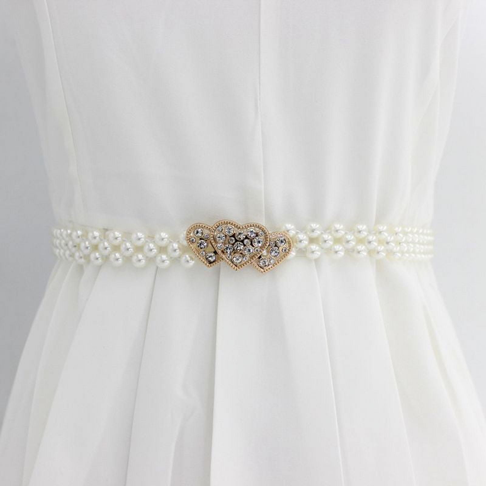 CRASPIRE Pearl Waist Belts for Women 2pcs Elastic Pearl Belts Wedding Sash Belt White Fashion Butterfly & Heart Buckle with