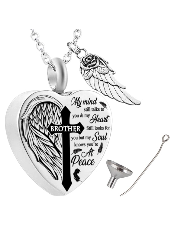 Memorial Urn Necklace Ash Holder Stainless Steel Heart Angel Wing Cremation Keepsake with Funnel(for Brother)