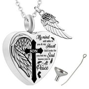 PWFE Memorial Urn Necklace Ash Holder Stainless Steel Heart Angel Wing Cremation Keepsake with Funnel(for Son)