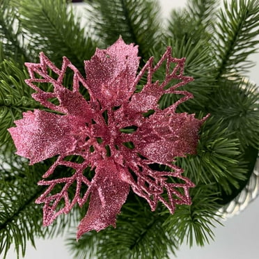 PWFE Set of 10 Pcs Christmas Poinsettia Flowers Ornaments Glitter Floral Accessories Xmas Wreath Tree Decorations for Party Home Wedding(Pink)