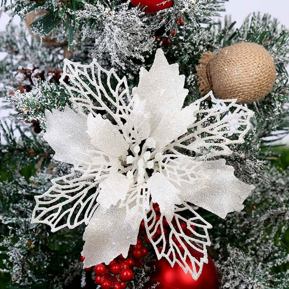 PWFE Set of 10 Pcs Christmas Poinsettia Flowers Ornaments Glitter Floral Accessories Xmas Wreath Tree Decorations for Party Home Wedding(White)