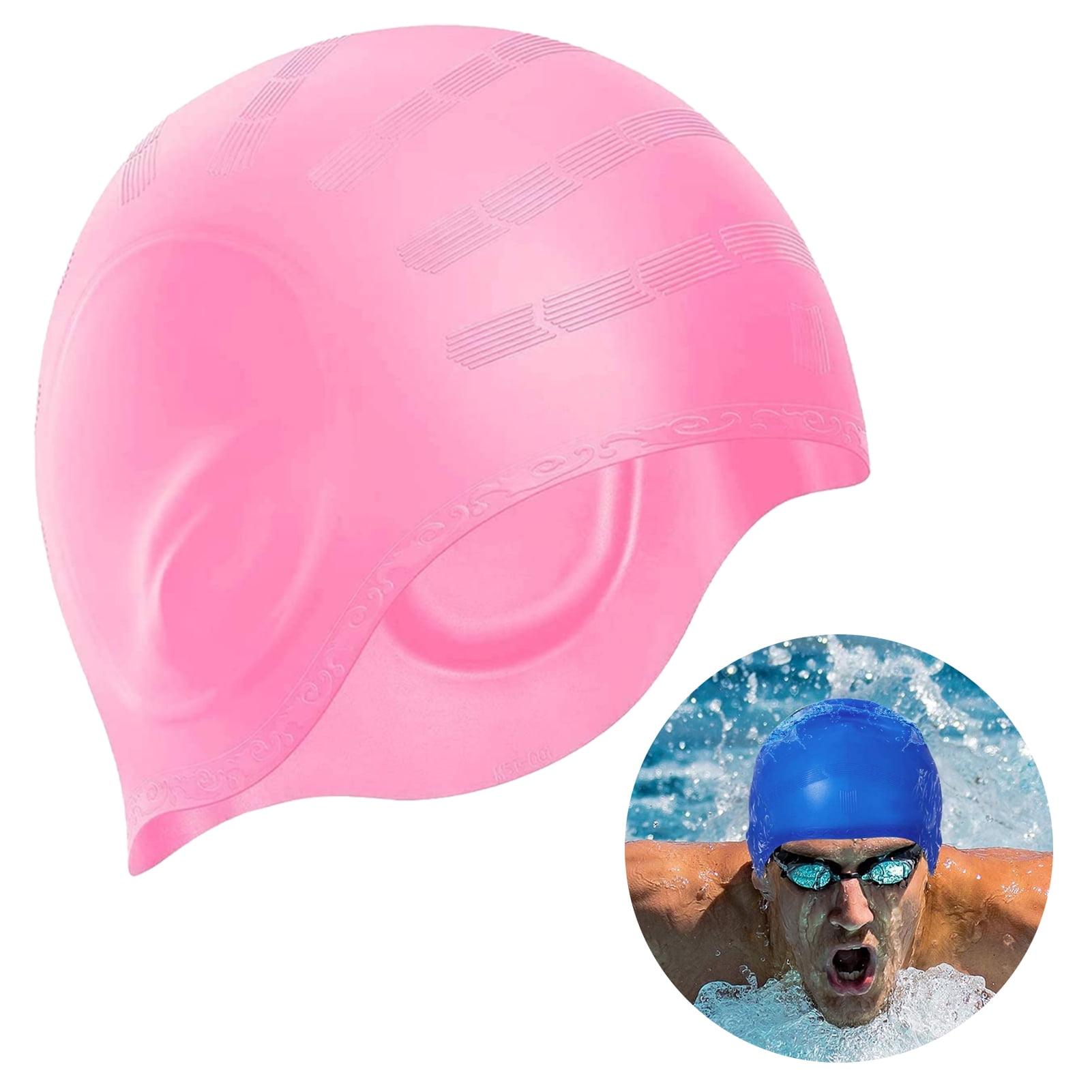 PWFE Silicone Swim Cap,Ear Protection 3D Waterproof Bathing Solid Swimming for Adult(Pink
