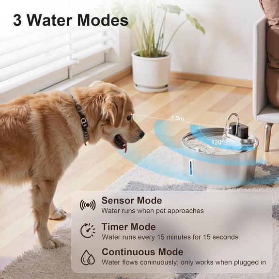PWL-009 Wireless Smart 3 Water Modes Stainless Steel Dog Water Fountain, 237-oz