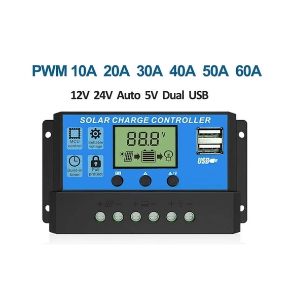 PWM Solar Char Controller 60A 50A 30A 20A 10A 12/24V Solar Panel Regulator LCD Display Dual USB 5V Output PV Regulator Load ,Stable & Reliable - A_30A