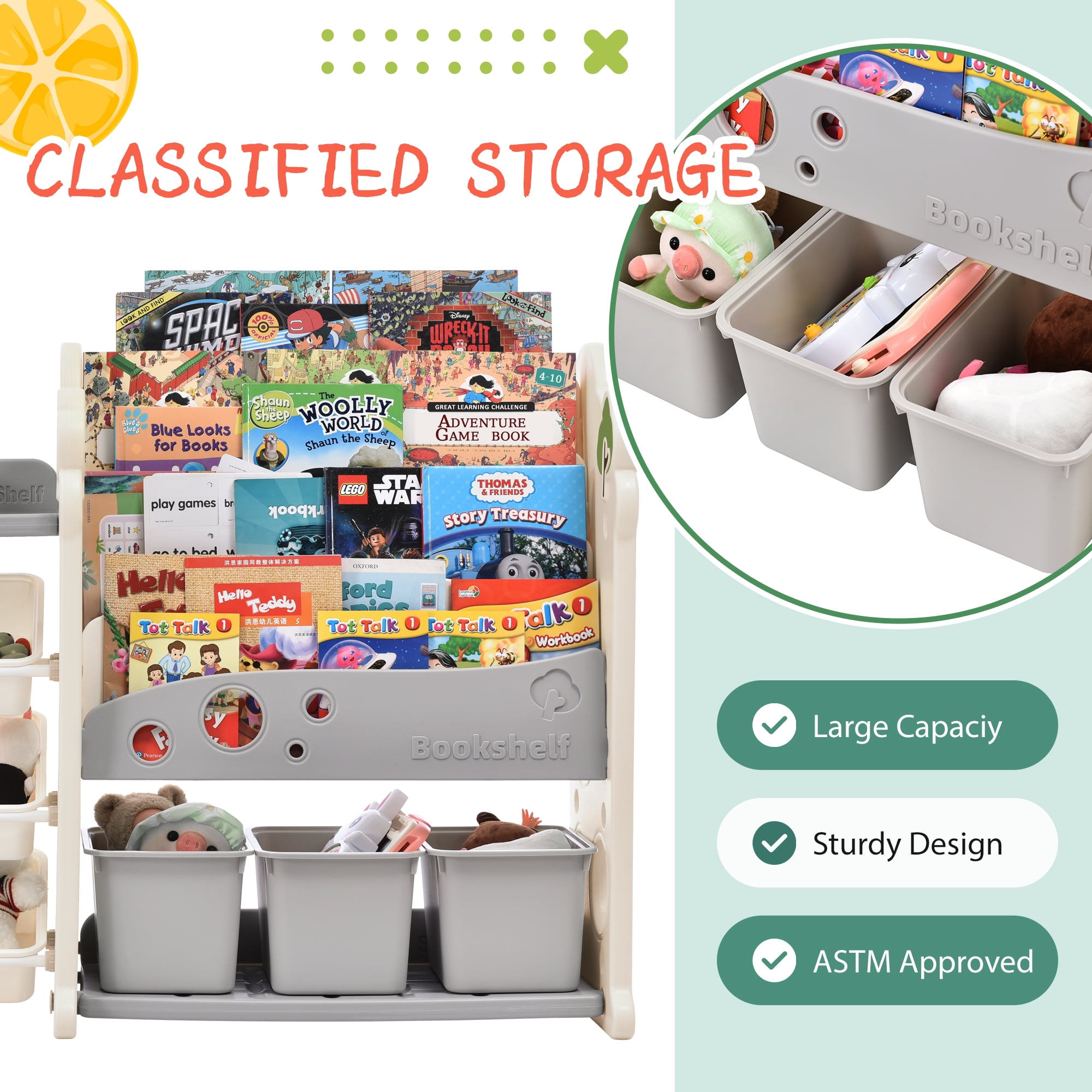 PWOPWOE ExtraLarge Toy Organizer, with 3 Large Bins and 4 Bookshelves