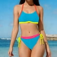 thumbnail image 1 of PWPSG Color Block Halter Neck Bikini with Drawstring Side High Waist Bottom Two Piece Swimsuit Blue M, 1 of 5