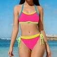 thumbnail image 1 of PWPSG Color Block Halter Neck Bikini with Drawstring Side High Waist Bottom Two Piece Swimsuit Pink M, 1 of 5