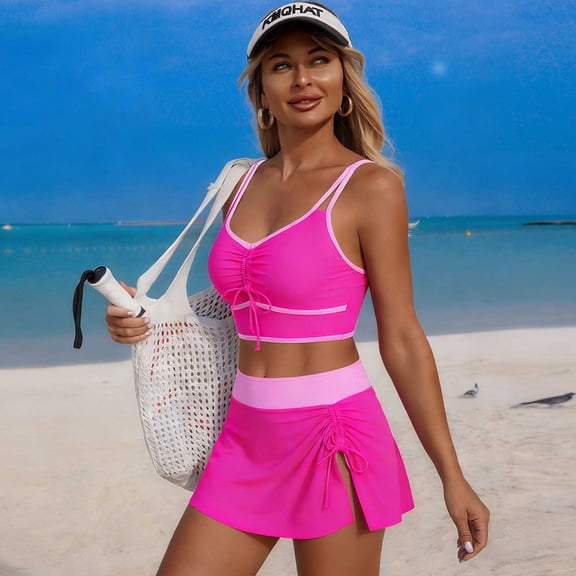 PWPSG Color Block Ruched Spaghetti Strap Crop Top with High Waist Skirted Bottom Two Piece Swimsuit Pink S
