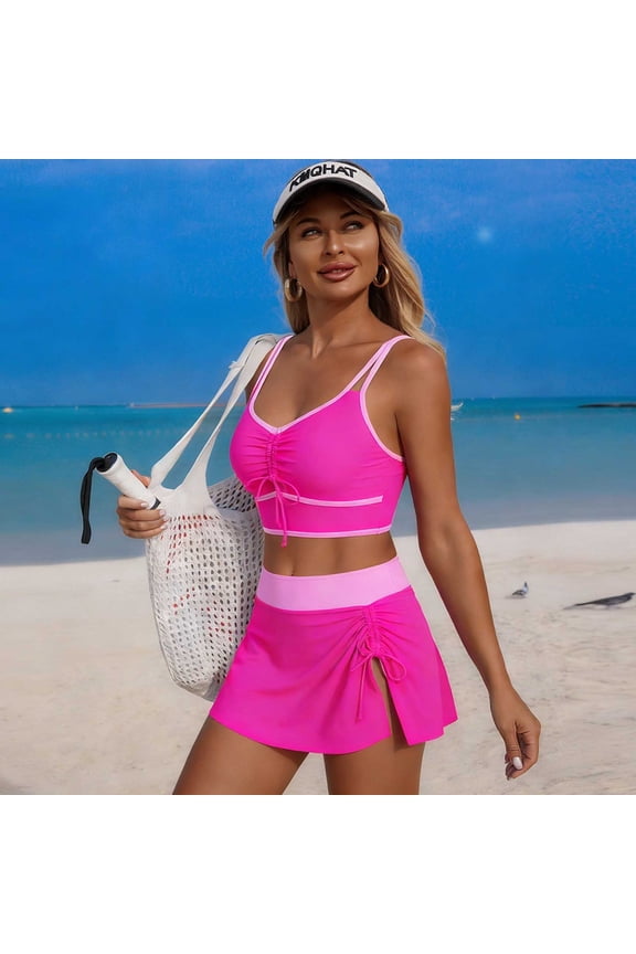 Color Block Ruched Spaghetti Strap Crop Top with High Waist Skirted Bottom Two Piece Swimsuit Pink S