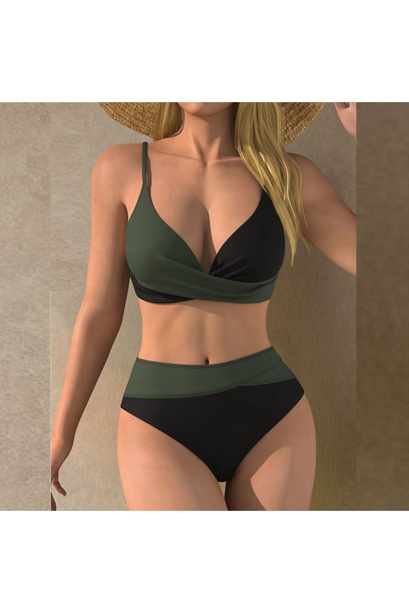 Color Block Wrap Front V Neck Top with Contrast High Waist Bottom Two Piece Swimsuit Green XL