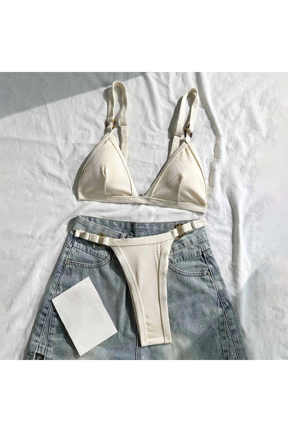 Color Trim Thin Strap Triangle Bikini Two Piece Swimsuit with Buckle Accent High Cut Leg Bottom Beige L