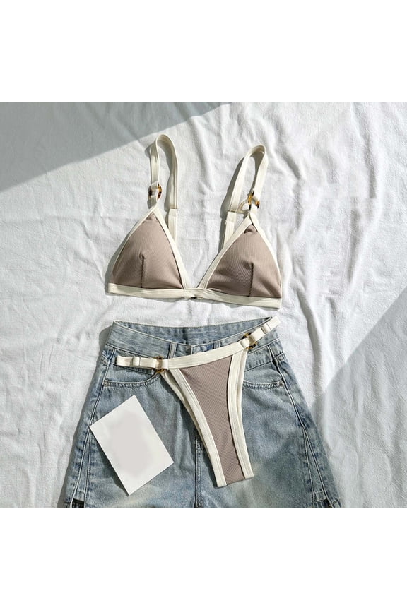 Color Trim Thin Strap Triangle Bikini Two Piece Swimsuit with Buckle Accent High Cut Leg Bottom Brown S