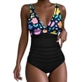 thumbnail image 1 of PWPSG Colorful Floral Print Colorblock V Neck One-Piece Swimsuit Tummy Control Slimming Bathing Suit for Beach Multicolor S, 1 of 6
