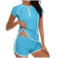 thumbnail image 1 of PWPSG Contrast Trim Half Zip Short Sleeve Two Piece Swimsuit Body Contouring Slimming for Swimming Blue L, 1 of 5