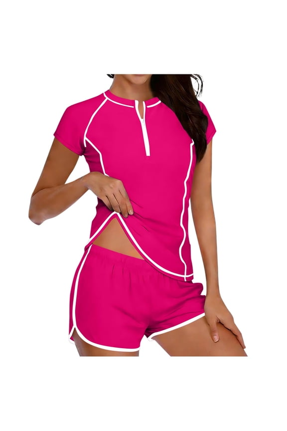 Contrast Trim Half Zip Short Sleeve Two Piece Swimsuit Body Contouring Slimming for Swimming Pink S