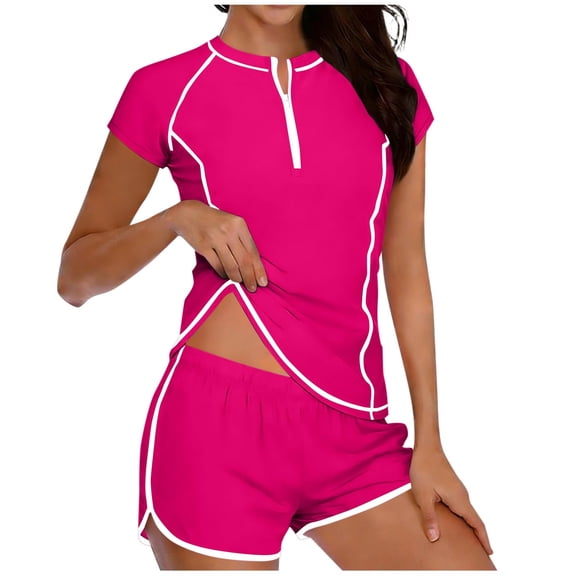 PWPSG Contrast Trim Half Zip Short Sleeve Two Piece Swimsuit Body Contouring Slimming for Swimming Pink S