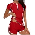 thumbnail image 1 of PWPSG Contrast Trim Half Zip Short Sleeve Two Piece Swimsuit Body Contouring Slimming for Swimming Red M, 1 of 5