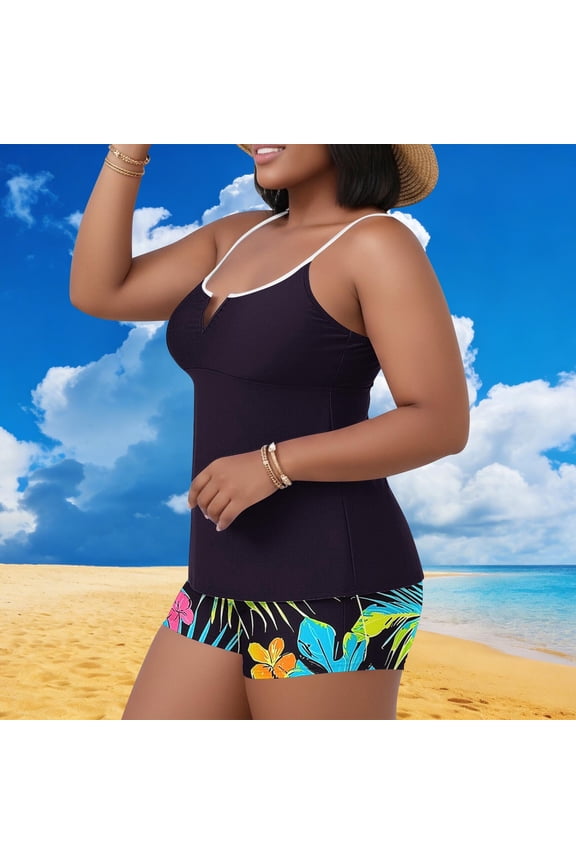 Contrast Trim V Neck Thin Strap Tropical Floral Printed Boyshort Two Piece Tankini Swimsuit for Water Adventures Purple XXL
