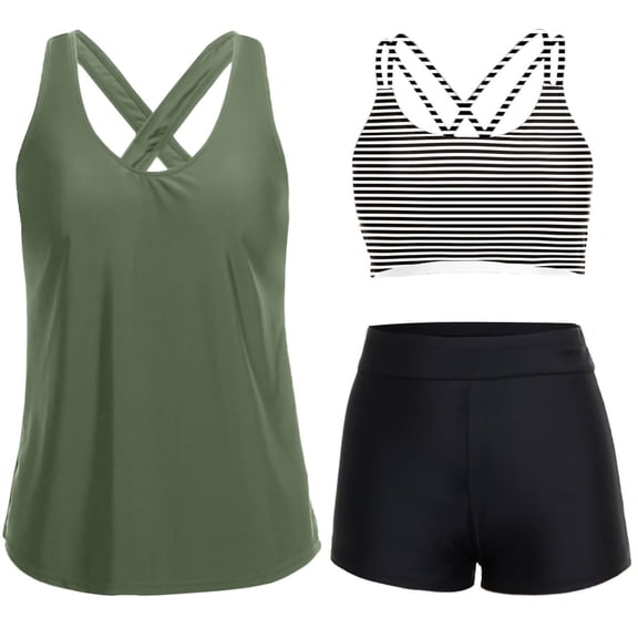 PWPSG Cross Back Strap V Neck Tankini Top Two Piece Swimsuit with High Waist Bottom Green L