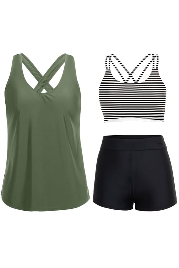Cross Back Strap V Neck Tankini Top Two Piece Swimsuit with High Waist Bottom Green S