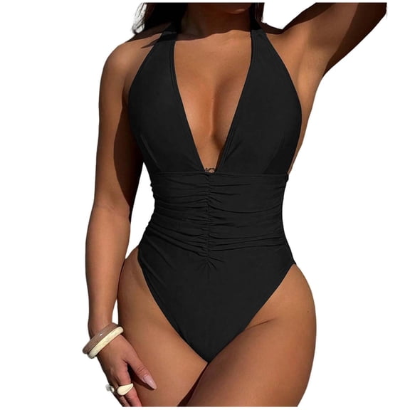 PWPSG Deep V Halter Ruched One Piece Swimsuit, Plunge Neck with High Cut Leg and Full Coverage for Water Sports Black S