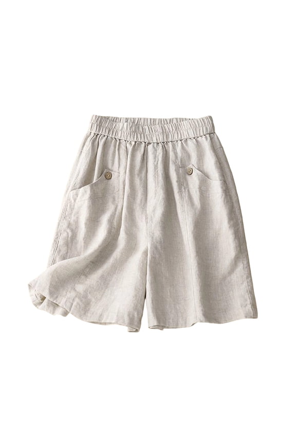 Elastic Waist Linen Blend Bermuda Shorts, Lightweight Breathable Straight Leg Casual Shorts Beige M