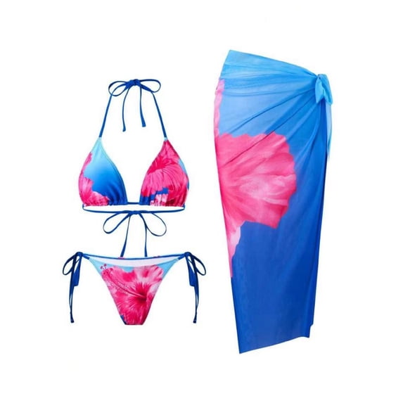 PWPSG Floral Print Halter Triangle Bikini Two Piece Swimsuit with Matching Sarong Cover Up Blue S