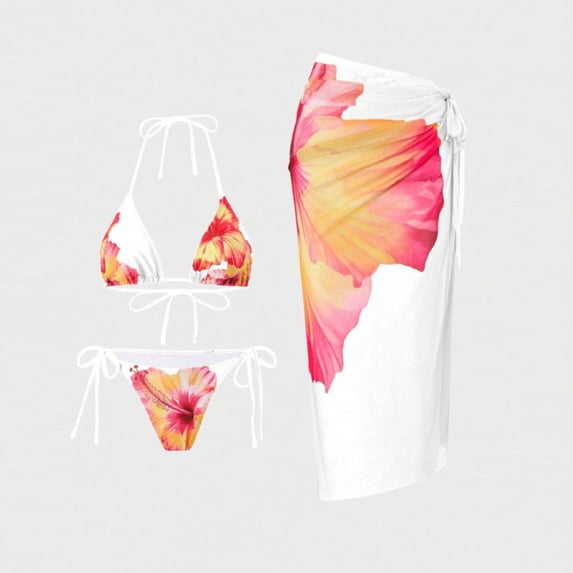 PWPSG Floral Print Halter Triangle Bikini Two Piece Swimsuit with Matching Sarong Cover Up White S