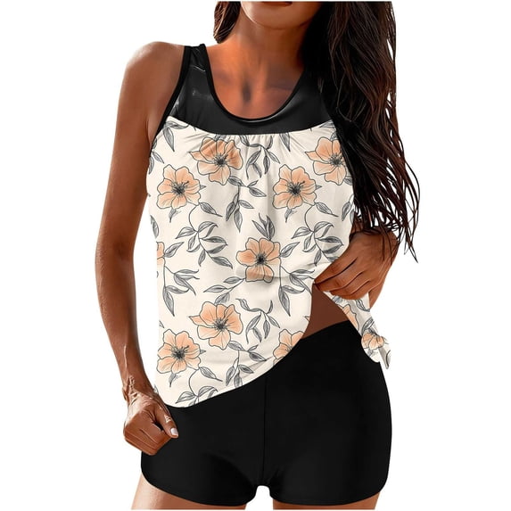 PWPSG Floral Print Tankini Two Piece Swimsuit with Mesh Panel Boy Short Bottom Beige XL