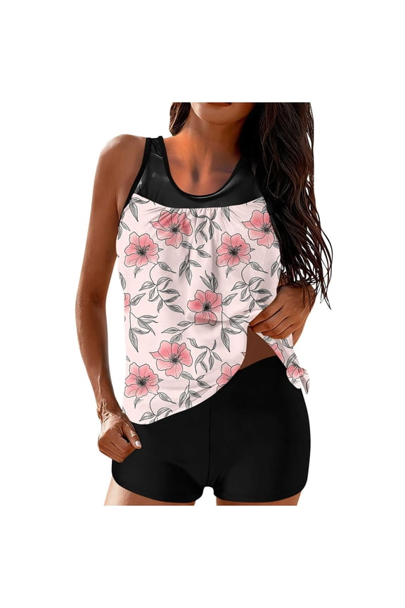 Floral Print Tankini Two Piece Swimsuit with Mesh Panel Boy Short Bottom Pink S