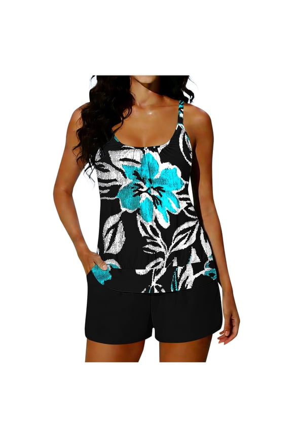 Flower Leaf Print Cami Boyleg Two Piece Swimsuit Smooth Contouring for Swimming Red M