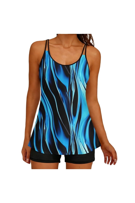 Fluid Texture Print Double Strap Tankini Two Piece Swimsuit Tummy Control for Vacation Beach Black XXL