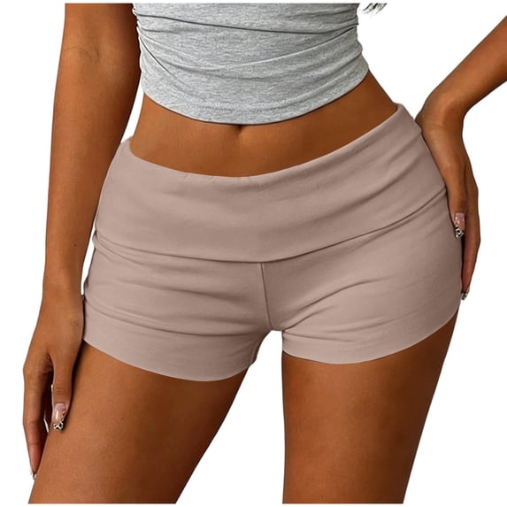 PWPSG Fold-Over Waist Low-Rise Fitted Biker Shorts, Slimming Casual Yoga and Loungewear Shorts Yellow L