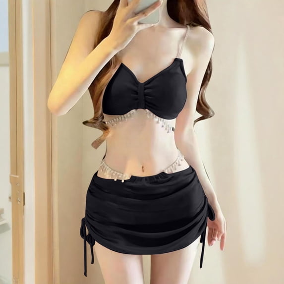 PWPSG Fringe Trim Bikini Top with Matching Skirted High Waist Bottom Two Piece Swimsuit Black L