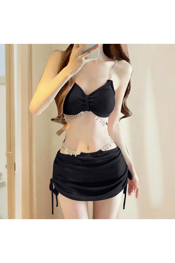 Fringe Trim Bikini Top with Matching Skirted High Waist Bottom Two Piece Swimsuit Black S