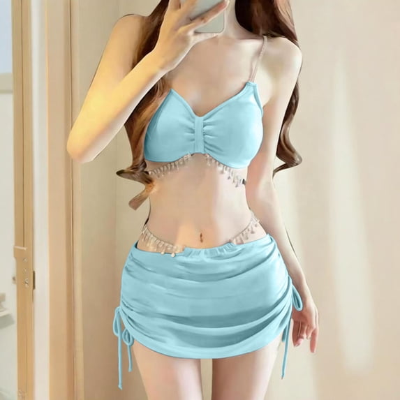 PWPSG Fringe Trim Bikini Top with Matching Skirted High Waist Bottom Two Piece Swimsuit Blue L