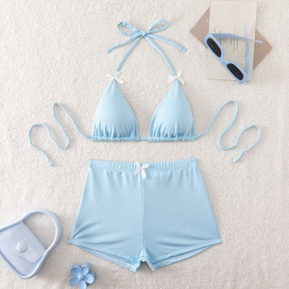 PWPSG Gingham Halter Triangle Bikini with Bow Detail and Matching Boyshort Bottom Two Piece Swimsuit Blue M