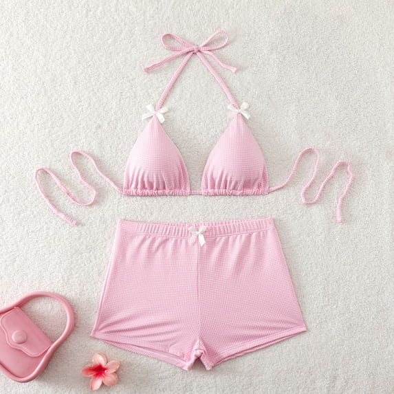 PWPSG Gingham Halter Triangle Bikini with Bow Detail and Matching Boyshort Bottom Two Piece Swimsuit Pink S
