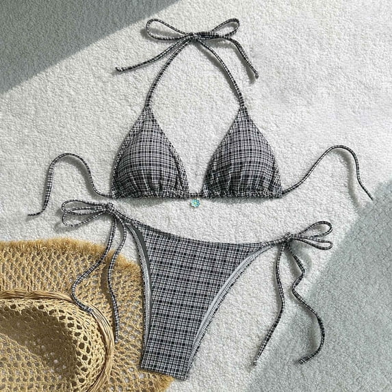 PWPSG Gingham Textured Halter Triangle Bikini Two Piece Swimsuit with Tie Side High Cut Leg Bottom Black L
