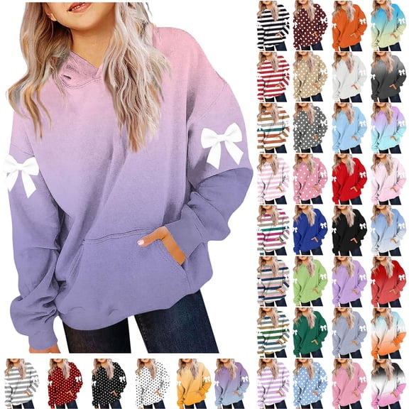 PWPSG Girl's Casual Hoodies Gradient Color Sweatshirts Cute Bow Print Hoodie Loose Long Sleeve Pullover Tops with Kangaroo Pocket Hot Pink 140