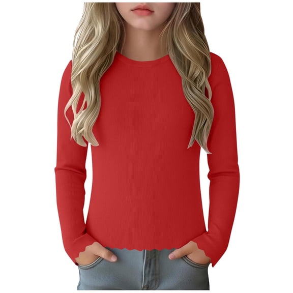 PWPSG Girl's Long Sleeve Shirts Ribbed Knit Tops Crew Neck Lettuce Trim Tee Shirt Basic Layer Blouses Solid Fitted Summer Casual Shirts Red 150