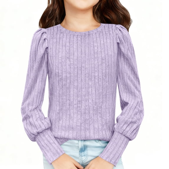 PWPSG Girl's Puff Long Sleeve Shirts Casual Knit Blouses Solid Crew Neck Pullover Elegant Tunic Tops Spring Summer Fashion Outfits Purple 13 Years