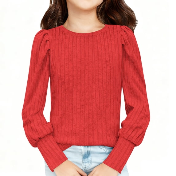 PWPSG Girl's Puff Long Sleeve Shirts Casual Knit Blouses Solid Crew Neck Pullover Elegant Tunic Tops Spring Summer Fashion Outfits Red 9 Years
