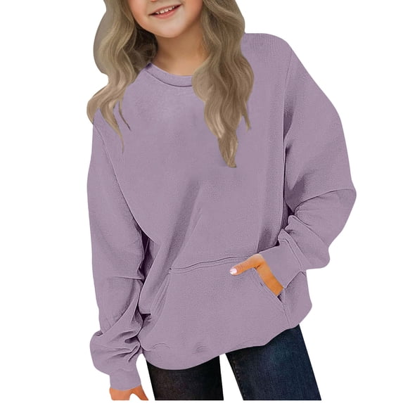 PWPSG Girl's Sweatshirts Casual Workout Athletic Sweatshirts Long Sleeve Crewneck Pullover Tops Preppy Loose Clothes Size 2-12 Years Purple 4 Years