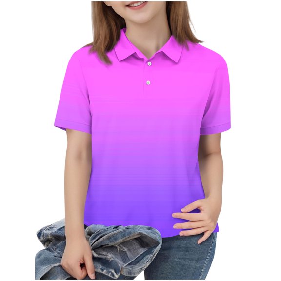 PWPSG Girls Back to School Shirts Fashion Gradient Color Blouses Short Sleeve Button Collared Shirts Summer Casual Tops for Kids Hot Pink 5-6 Years