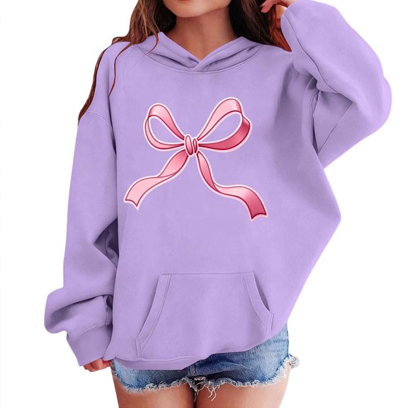 PWPSG Girls Hoodies Cute Bow Print Sweatshirts Spring Fall Clothes Casual Workout Sweatshirts Oversized Pullover Tops for 3-15 Years Purple 12 Years