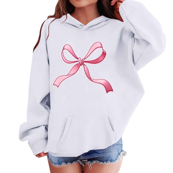 PWPSG Girls Hoodies Cute Bow Print Sweatshirts Spring Fall Clothes Casual Workout Sweatshirts Oversized Pullover Tops for 3-15 Years White 8 Years