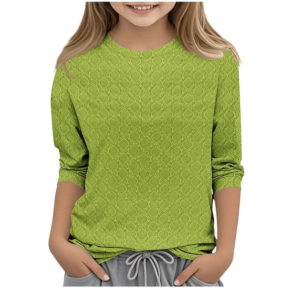 PWPSG Girls Summer Casual Shirts 3/4 Sleeve Crewneck Pullover Eyelets Solid Tops Basic Blouses Fashion 2026 Trendy Outfits Green 9 Years