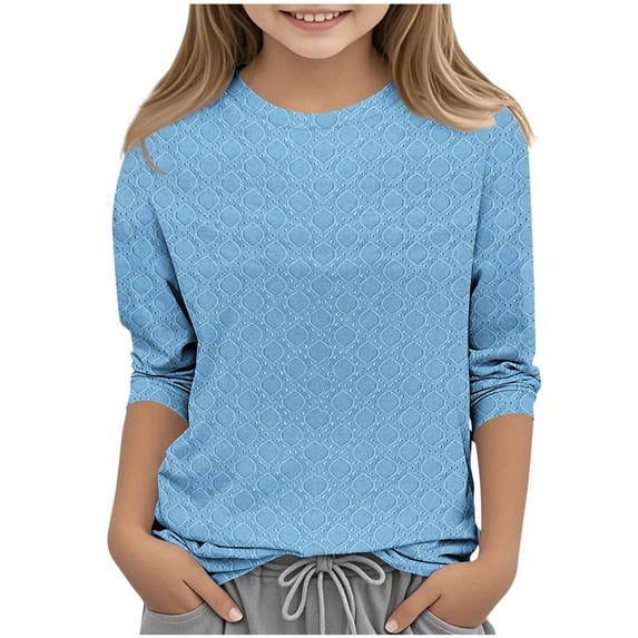 PWPSG Girls Summer Casual Shirts 3/4 Sleeve Crewneck Pullover Eyelets Solid Tops Basic Blouses Fashion 2026 Trendy Outfits Sky Blue 5 Years
