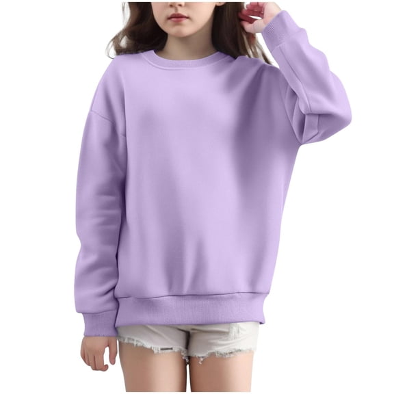 PWPSG Girls Sweatshirts Lightweight Spring Fall Cotton Sweatshirts Casual Workout Shirts Long Sleeve Crewneck Pullover Tops(4-15 Year) Purple 14 Years